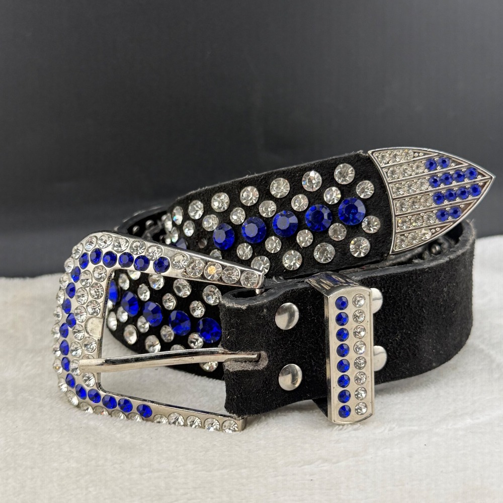 Rhinestone Belt Black Suede Blue White Studded Western Buckle 29-32"